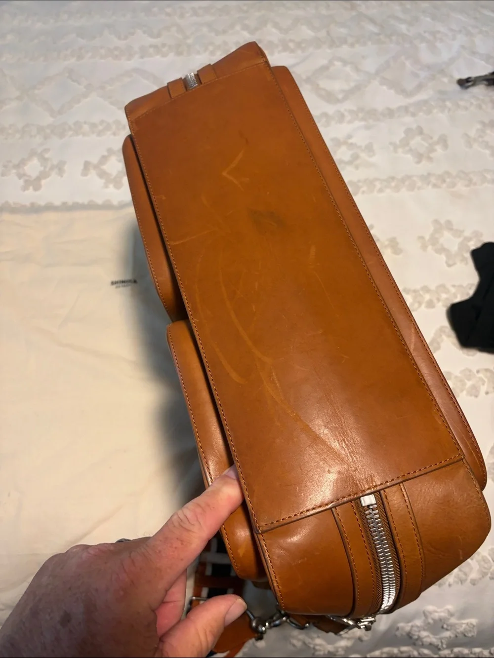 Shinola Cognac Leather Briefcase with Striped Shoulder Strap